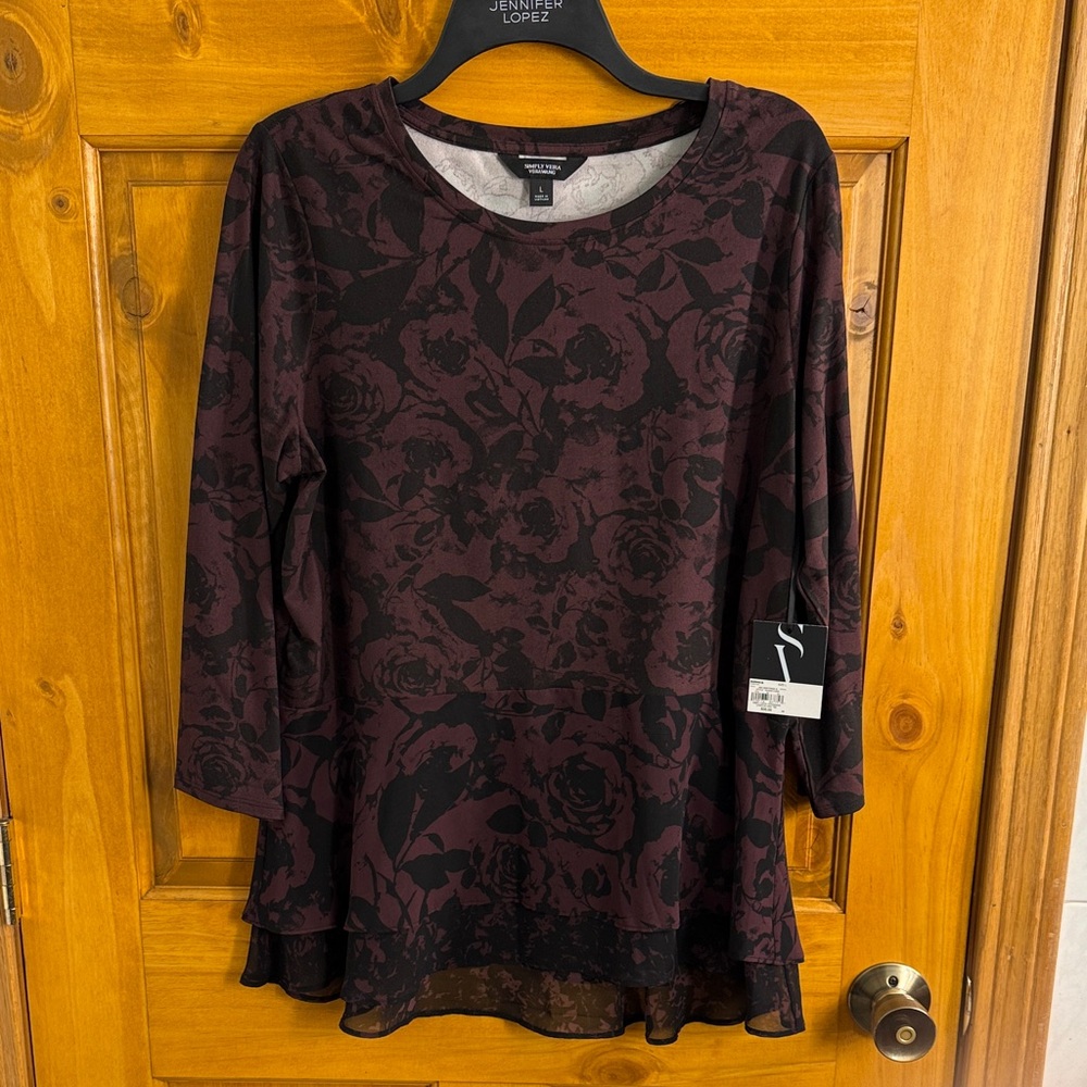Simply Vera Vera Wang Long Sleeve Top - Black and Burgundy Floral